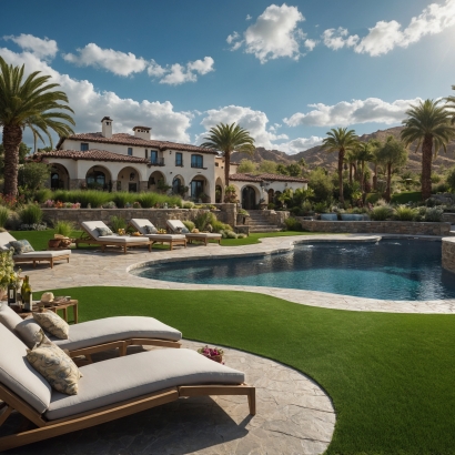 Mediterranean-inspired house with swimming pools, synthetic turf installation. Texas artificial grass
