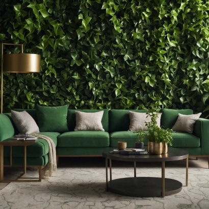 interior artificial ivy wall, green couch. modern style