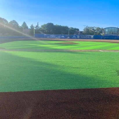 Closeup view of artificial turf on a baseball field.