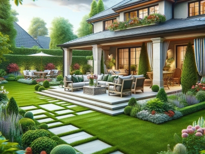 Landscape design, synthetic lawn, artificial grass, two-story house