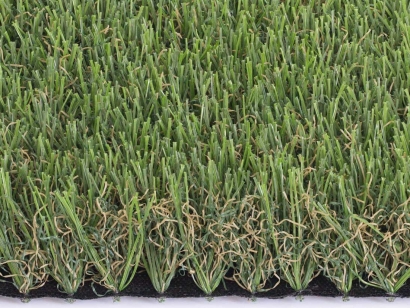 Synthetic turf, close view, M-shape blades, green and brown thatching, Emerald Green, Lime Green color fake grass.