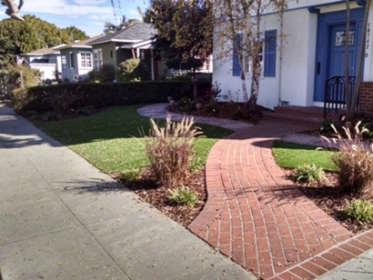 Front yard landscaping ideas stones bricks artificial grass drought landscape Rubidoux, California