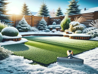 Synthetic Lawn scene backyard snow winter care